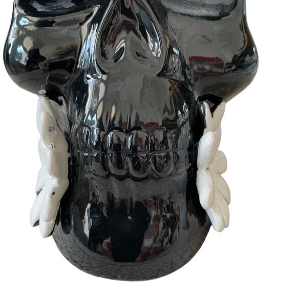Halloween Skull Cookie Jar Canister w/ Lid Hand Painted Black White Spooky NEW - Picture 9 of 16